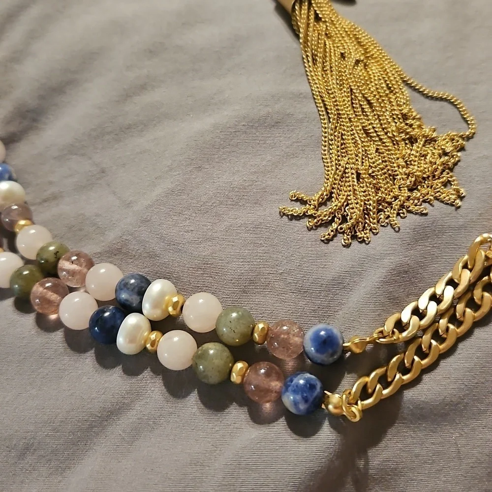 WHITE HOUSE BLACK MARKET Mixed Gemstone Wishbone Chain Tassel Pendant Necklace